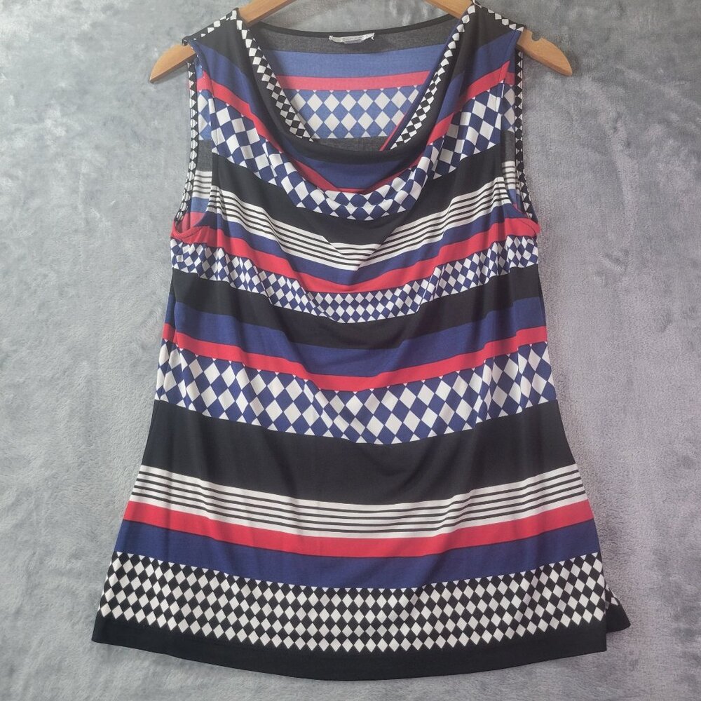 Tahari Arthur S. Levine Womens Sleeveless Cowl Neck Top M Red White Blue Vibes‎